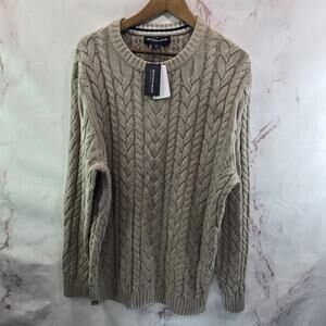 Mizzen + Main Sweater Mens Large Beige Tan Brown Crew Neck Cable Knit Redford